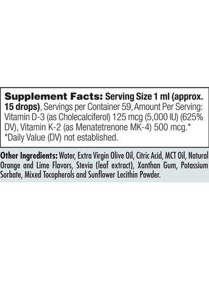Комплекс Вітамін D3+K2 Vitamin D-3 K-2 Drop Ins 2 fl oz 59 мл Натуральний цитрусовий смак CAL41369 (000001911) KAL (373634984)