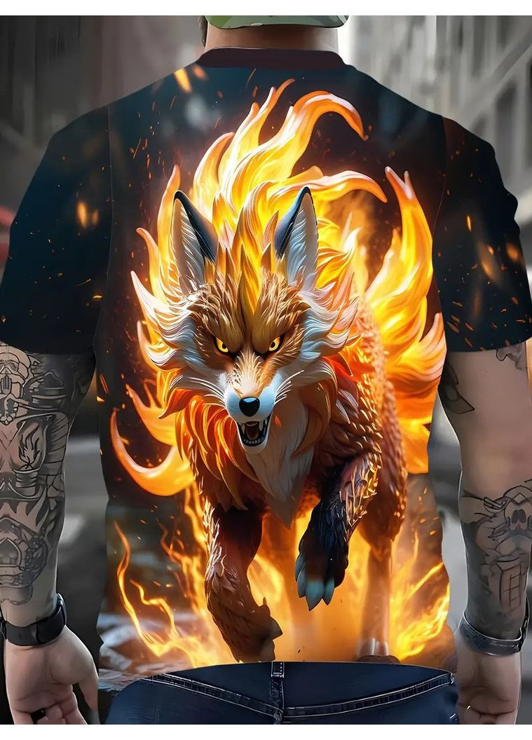 Комбинированная футболка мужская 3d-принт огненный лис термо дышащая м 50 luxaurum322 No Brand