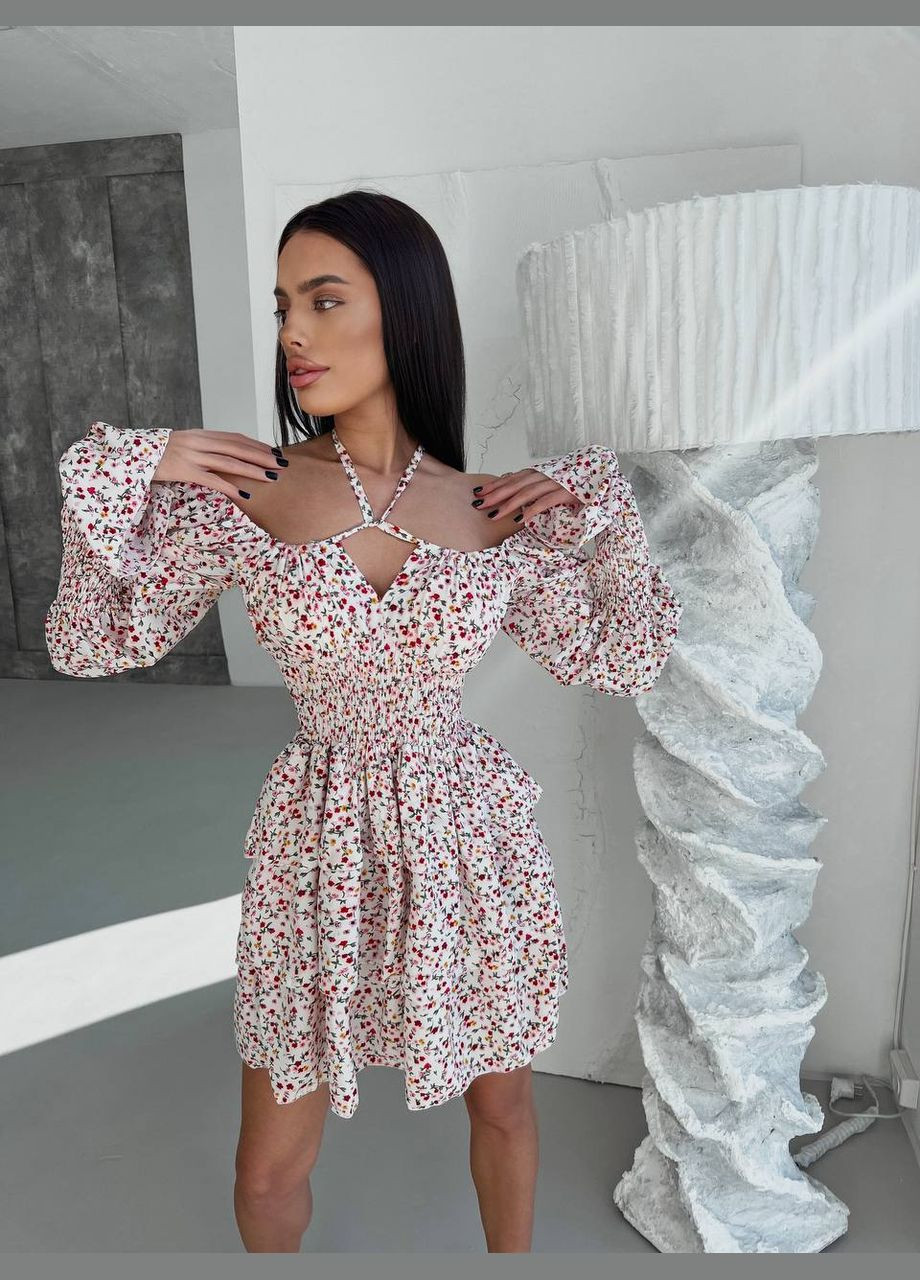 Білий повсякденний, святковий жіноча міні сукня в квітковий принт з пишною спідницею, футляр Україна з квітковим принтом