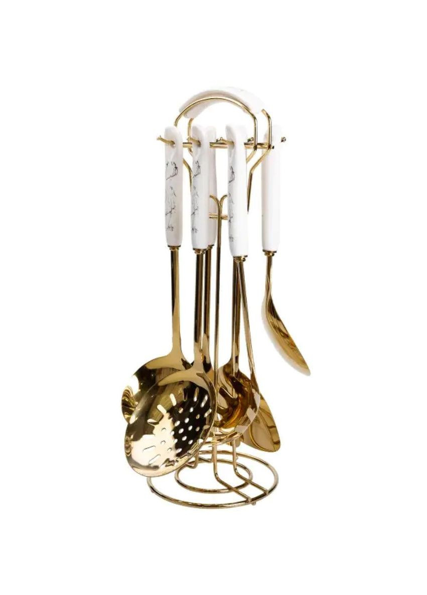 Набір кухонного приладдя 7 предметів на підставці столові прилади з нержавіючої сталі Золото з білим HP-20-7 Yiwu (370969128)