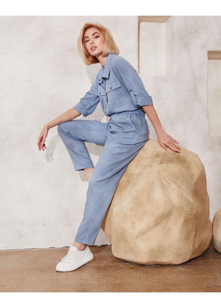 Женские голубые брюки лен батал No Brand (354331887)