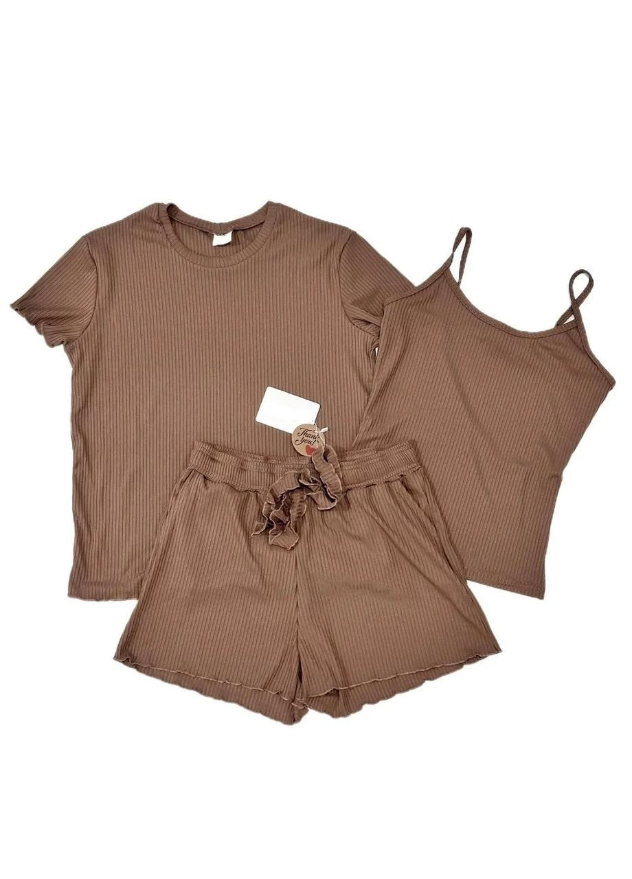 Коричнева жіноча піжама з трьох предметів коричневий (п4к-al-rub-25-005-02) No Brand