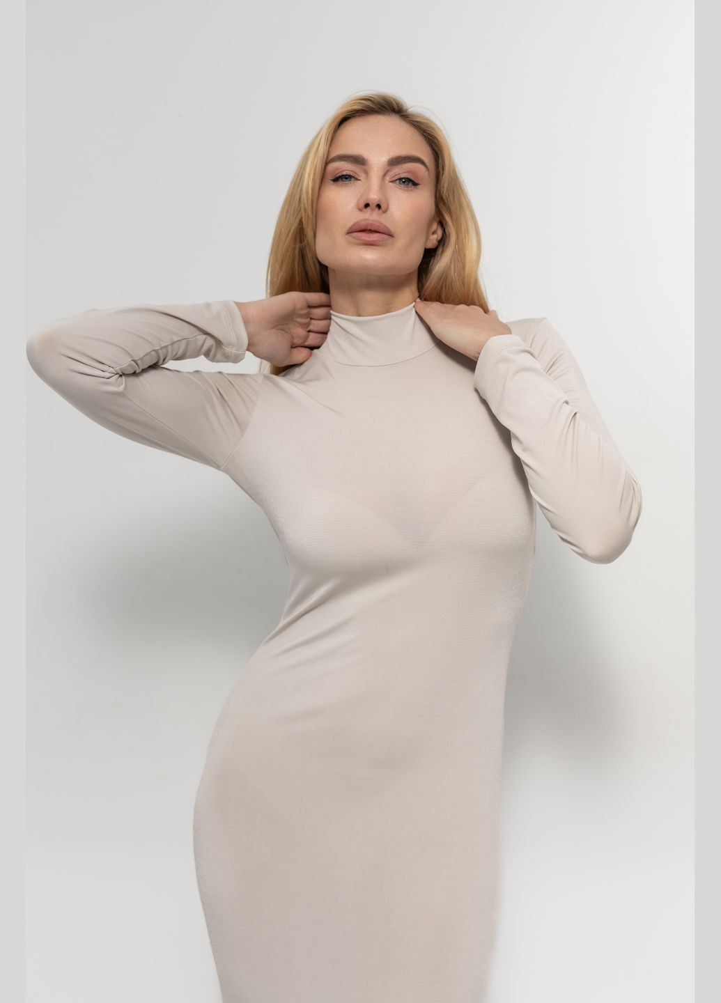 Молочное деловое, повседневный, кэжуал, вечернее, праздничный, коктейльное стильное платье меди под горло No Brand