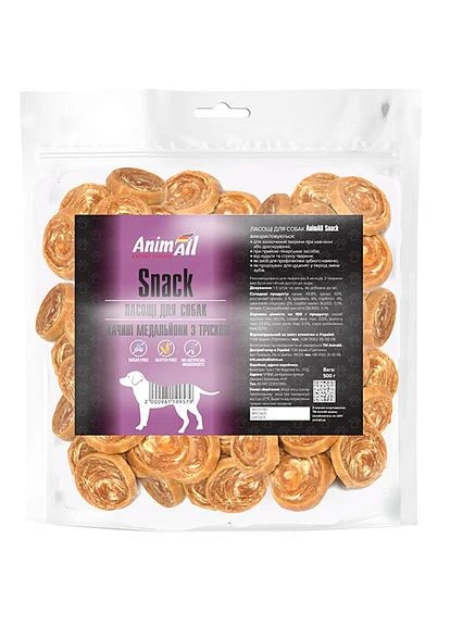 Ласощі Snack качині медальйони з тріскою для собак 500 г (2000981199579) AnimAll (279564434)