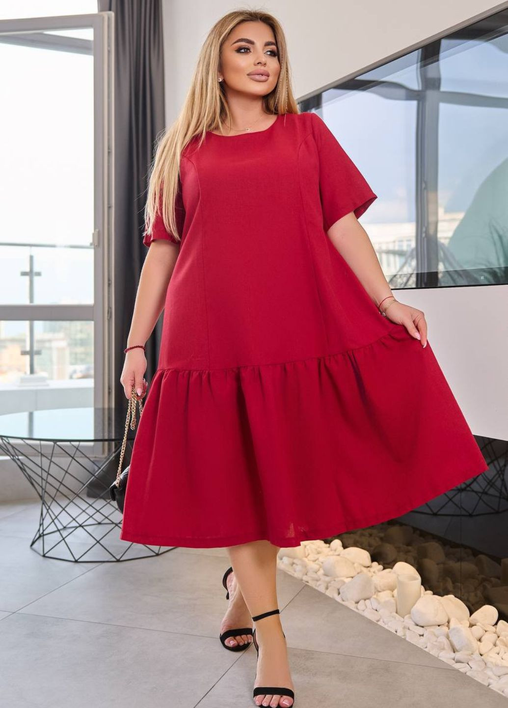 Бордова повсякденний жіноча елегантна сукня лелія для повсякдення з льону, міді, вільного крою а-силует Veronica