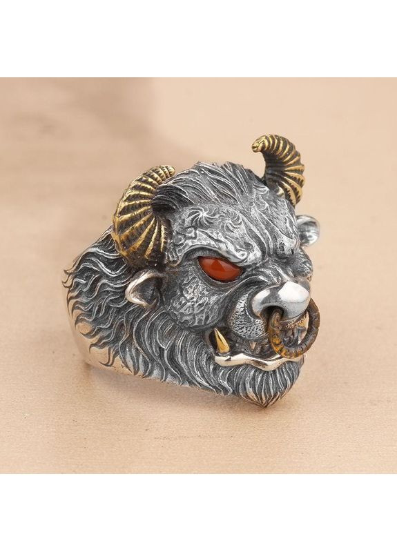Серебристое мужское кольцо в виде быка с красными глазами символ власти и несокрушимости регулируемое AurumLux240 Fashion Jewelry (370598358)