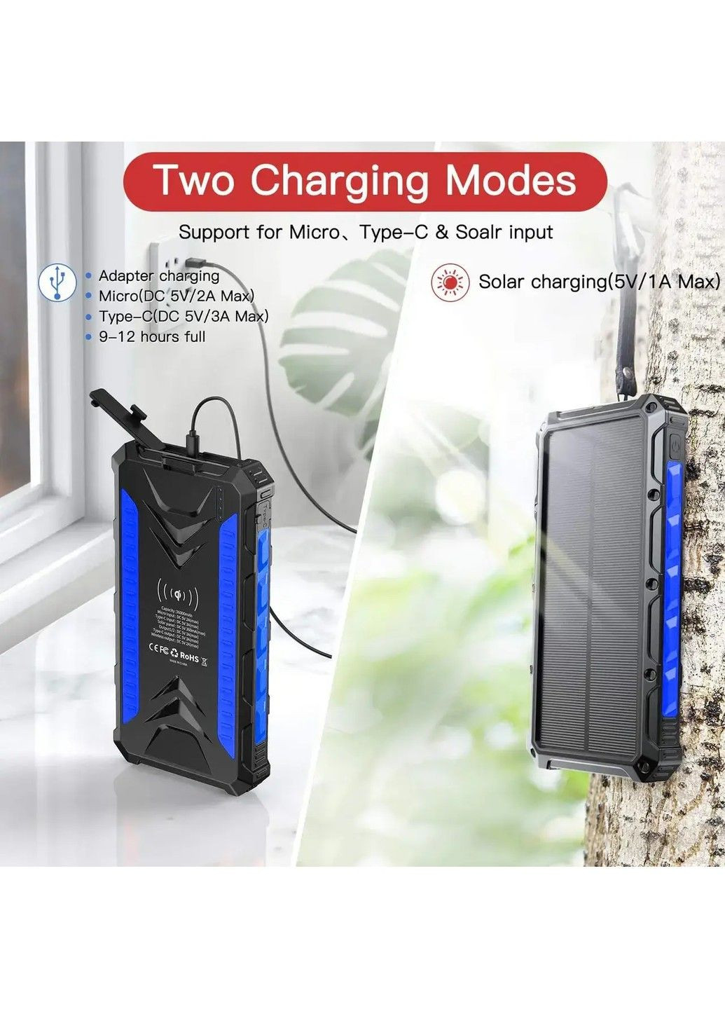 Зарядное устройство на солнечных батареях IBattery S26W 20000mah с фонариком и беспроводной зарядкой No Brand (332636494)