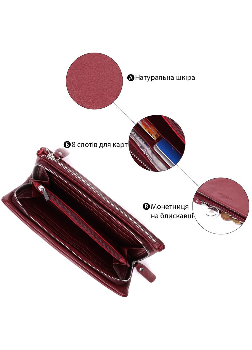 Добротний жіночий гаманець-клатч із двома блискавками з натуральної шкіри бордовий 21х10,5х2 см 22528 st leather (329198099)