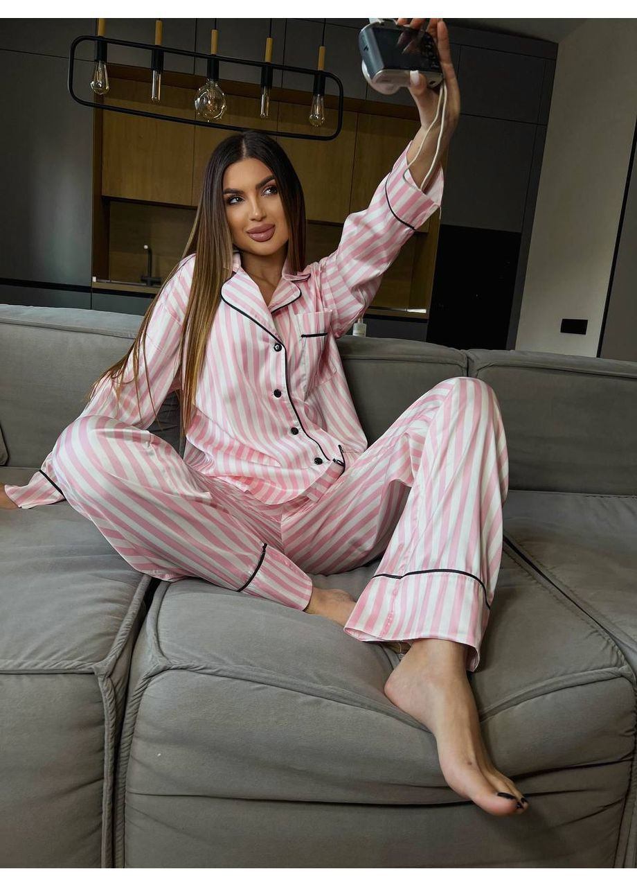 Пудровая женская шелковая полосатая пижама рубашка + брюки Гермес