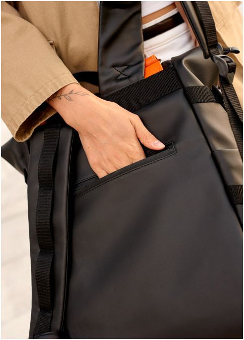 Рюкзак жіночий для подорожей з екошкіри з відділенням для ноутбука RollTop Hacking Чорно-жовтогарячий Sambag (301871831)