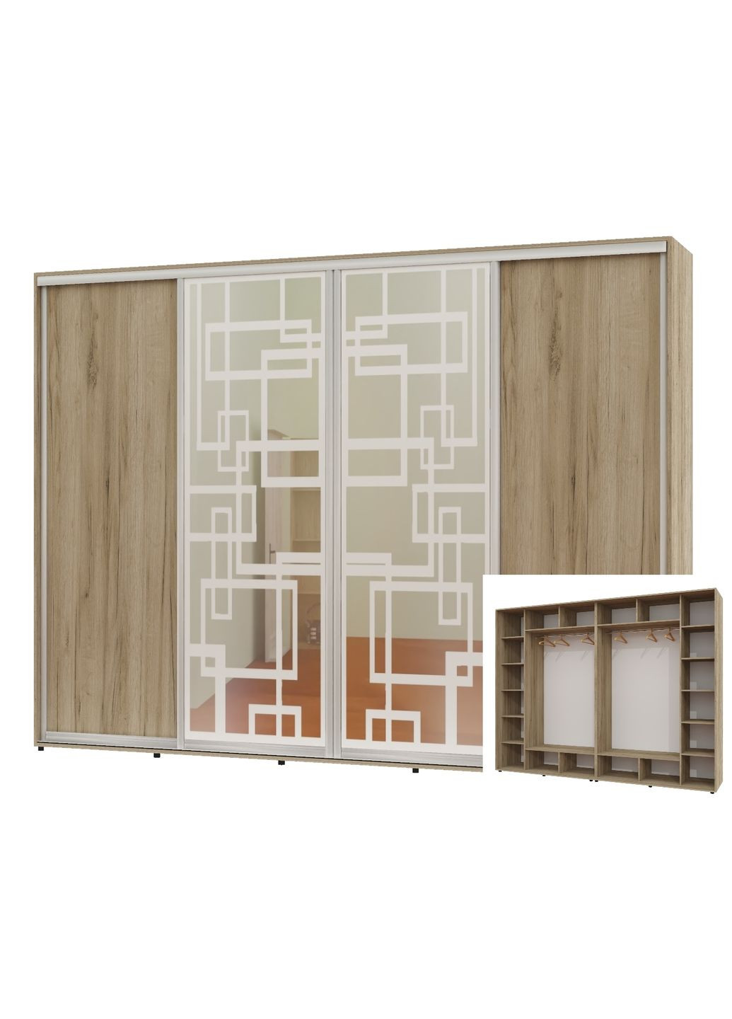 Шкаф-купе четырехдверный 300*60*240 Дуб крафт серый 2 ДСП/2 Зеркала с пескоструйным рисунком Алекса (360467208)