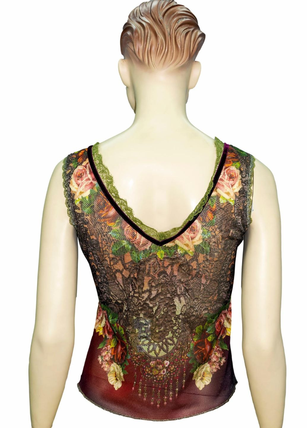 Коричневая женская блуза "винтажный шик" с кристаллами swarovski, кружевом и цветочным принтом, ручная работа (размер m) Michal Negrin