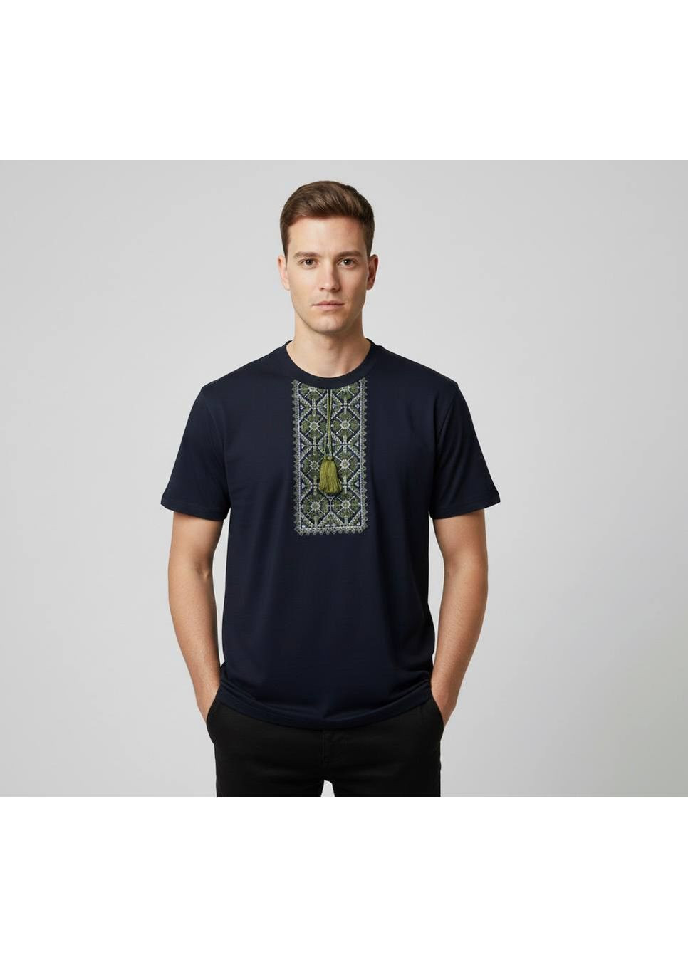 Темно-синя чоловіча футболка-вишиванка «марко» темно-синя з зеленим орнаментом MOTYV візерунок орнамент бавовна (373473663)