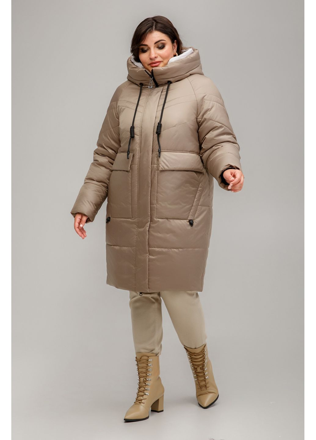 Темно-бежевая зимняя женское зимнее пальто прямого силуэта с капюшоном all posa (ap101638p) A'll Posa