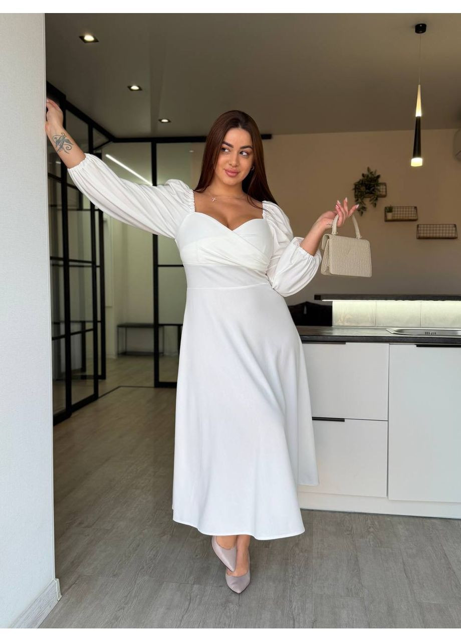 Білий святковий, коктейльна, вечірня сукня міді з романтичними рукавами-ліхтариками Vakko однотонна