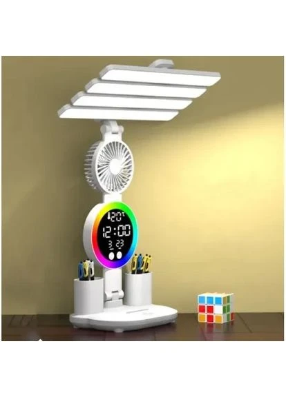 Аккумуляторная LED лампа / Настольная лампа с 4 плафонами, RGB-подсветкой, часами и вентилятором Gemac (387411975)