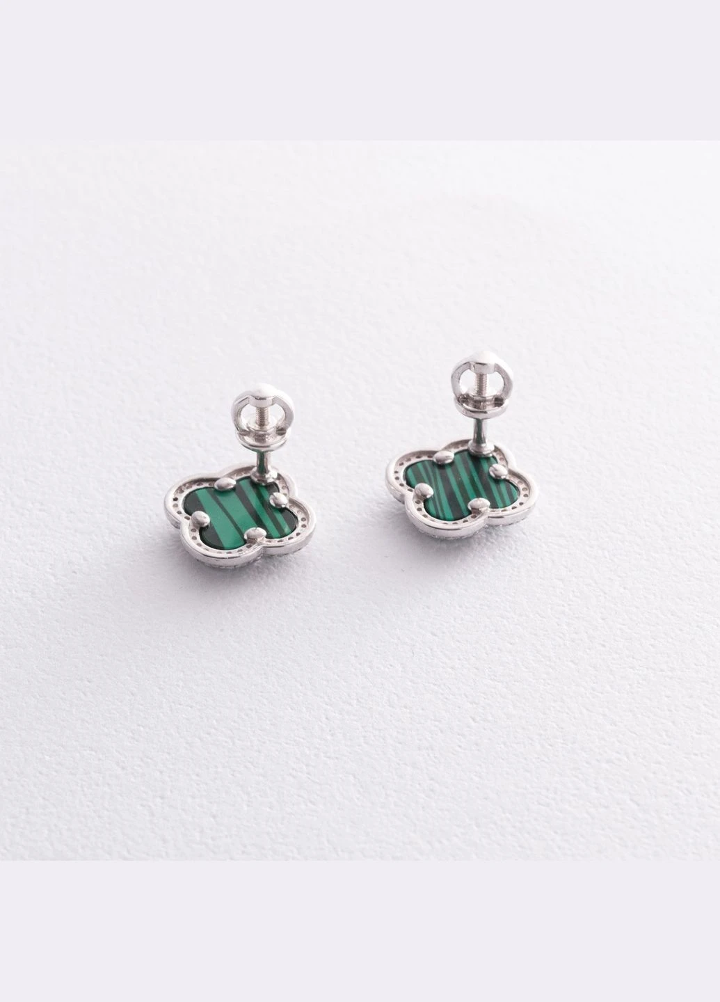 Срібні сережки - пусети Конюшина (малахіт, фіаніти) 158/1м Oniks (264023350)