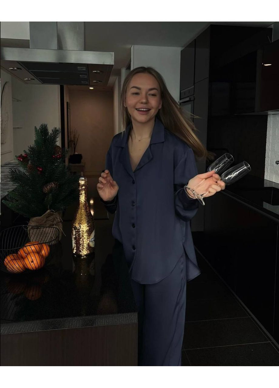 Синя жіночий піжамний костюм преміум шовк сорочка + брюки No Brand Р851-7028/1