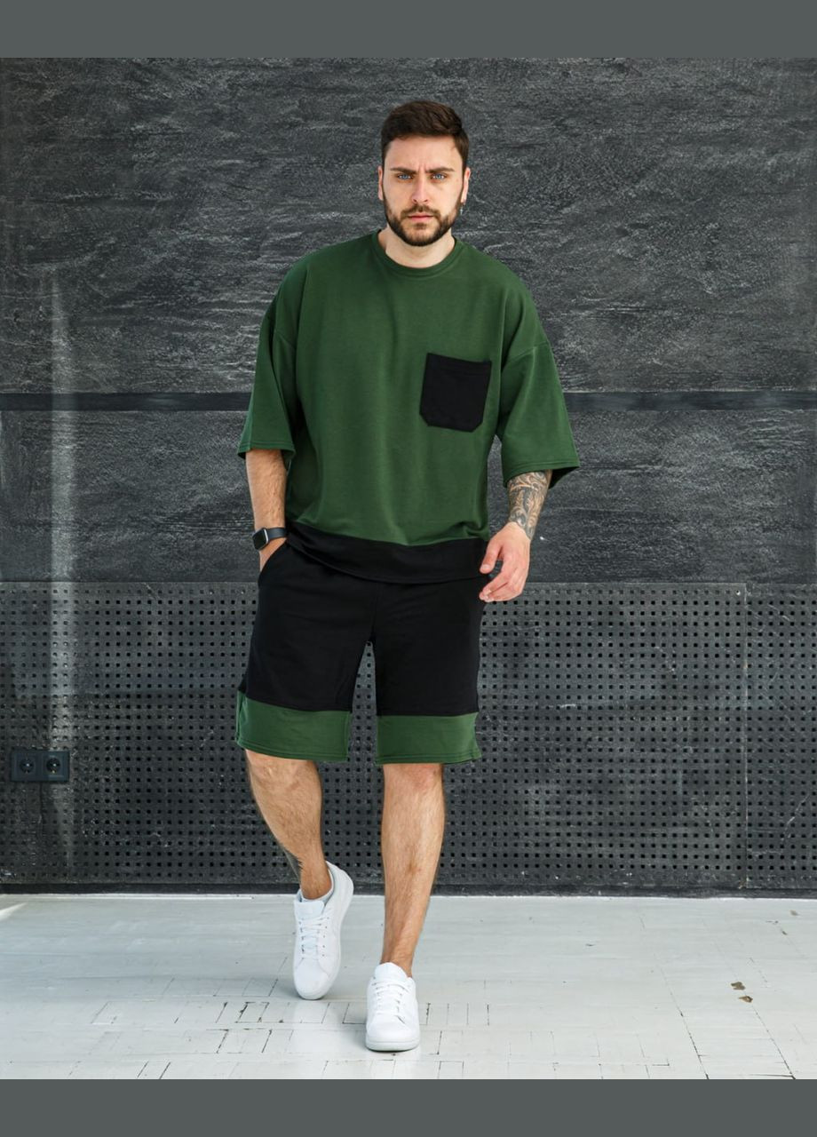 Оливковый (хаки) летний комплект мужской оверсайз (шорты+футболка) No Brand комплект
