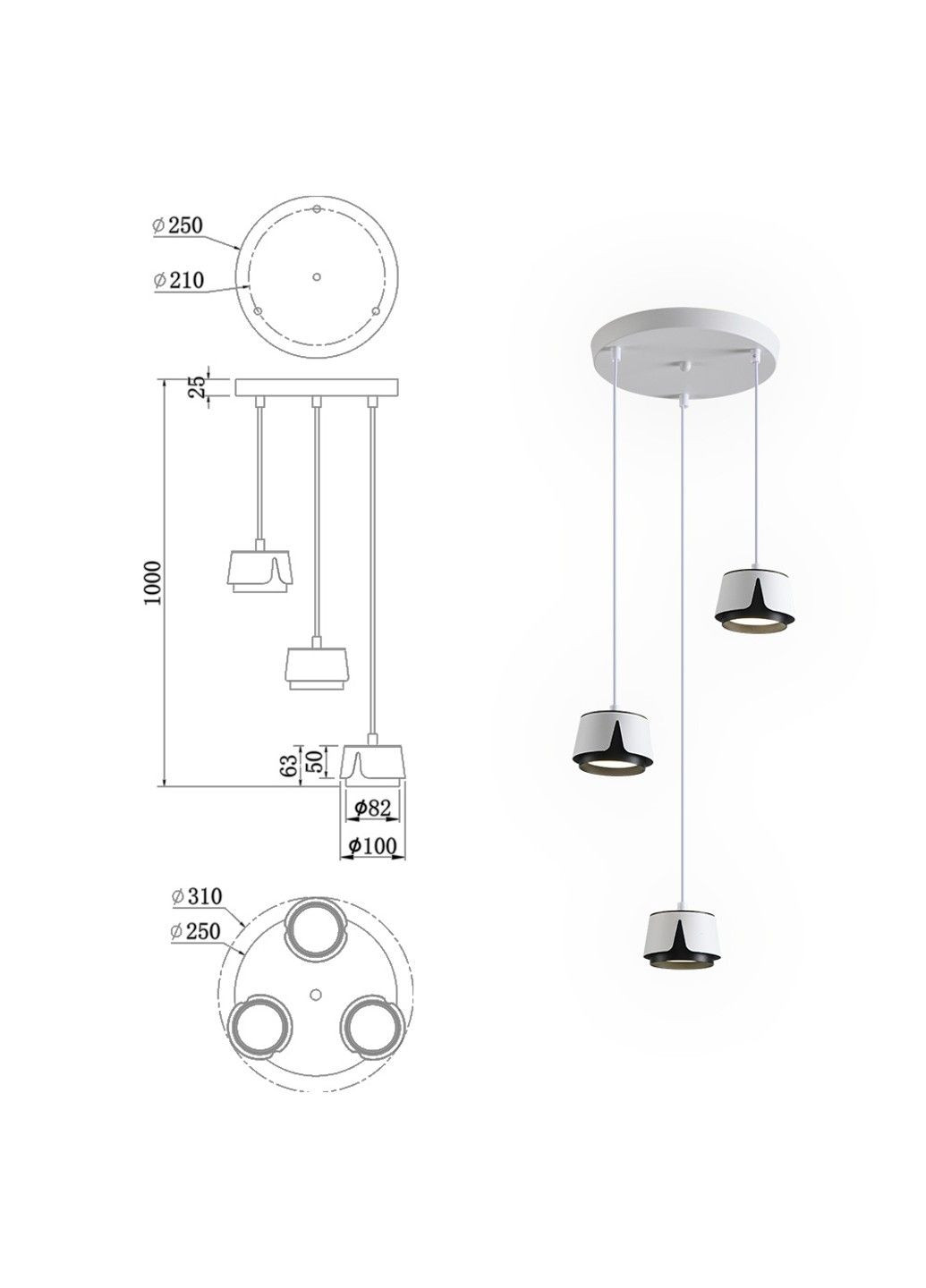 Светильник подвесной TELA R 100x1000 мм Бело-черный на 3 лампы GX53 ESLLSE (323652046)