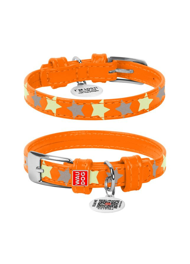 Ошейник кожаный Glamour с QR тегом, "Звёздочка", светоотражающий, S, Ш 15 мм, Дл 27-36 см WAUDOG (279570879)