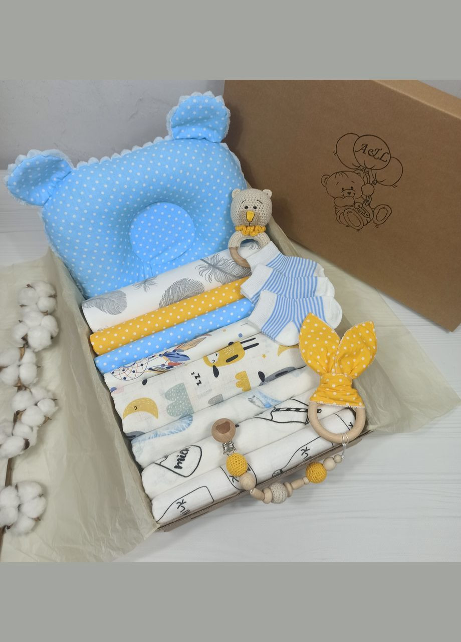 Набор для новорожденного: подушка, пеленки и грызунка a.l.babybox Горох белый на голубом No Brand (308752090)