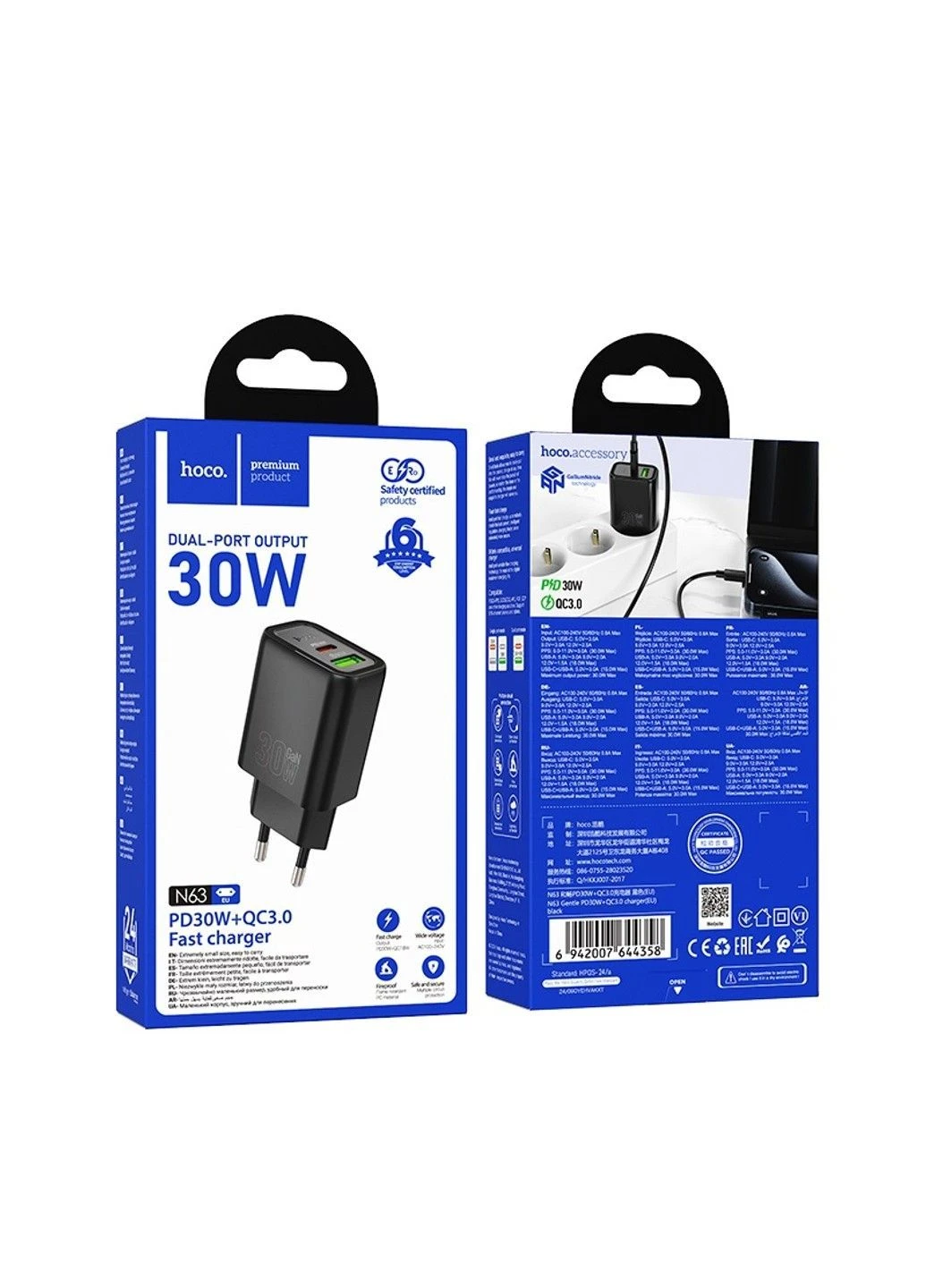 Мережевий зарядний пристрій N63 Gentle PD30W+QC3.0 charger (EU) Black Hoco (391038591)