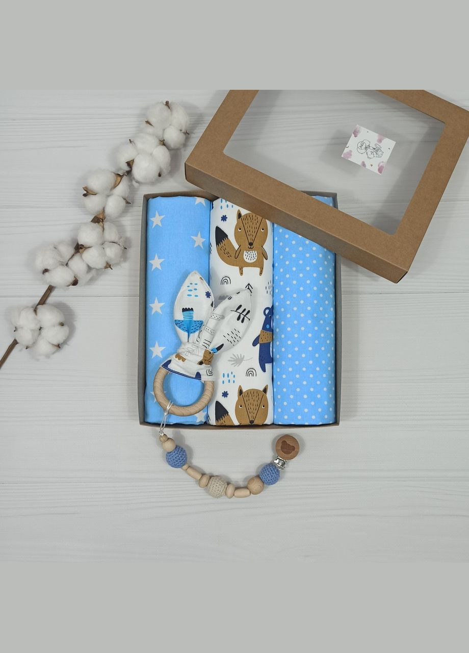 Набор для новорожденного: 3 пеленки и грызунец с держателем a.l.babybox Лесные жители на полянке No Brand (308379605)