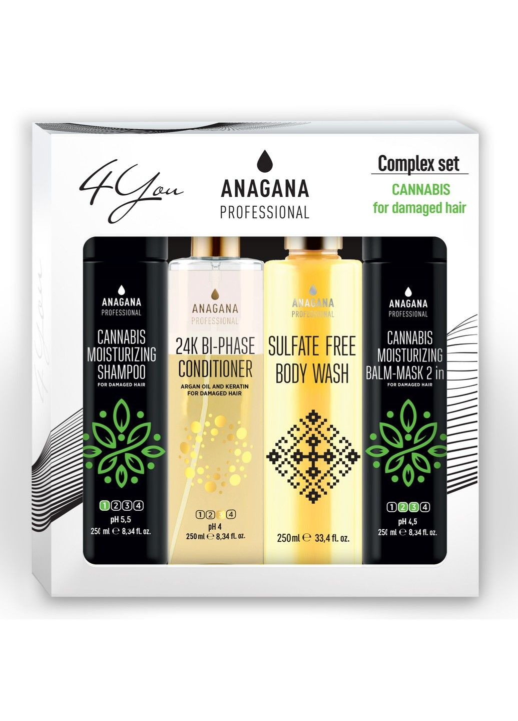 Набір 4YOU "Зволожуючий з олією канабісу" для тонкого пошкодженого волосся 4х250 мл ANAGANA (315388686)