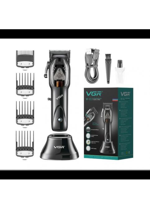 Професійна машинка для стриження бездротова акумуляторна LED-дисплей V-653 Чорна + 4 насадки VGR (364275911)