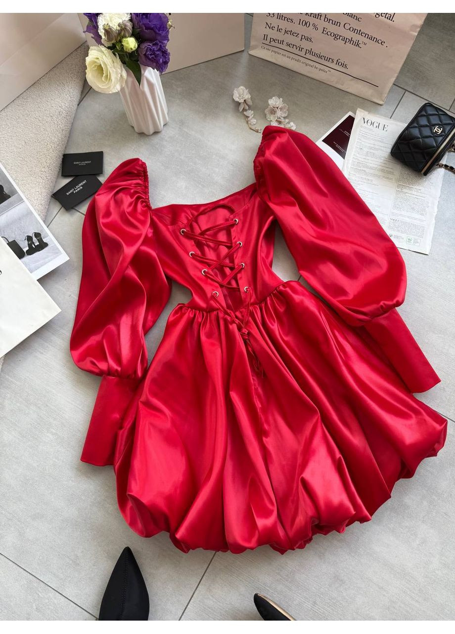 Червона святковий корсетна сукня з пишною спідницею з королівського атласу — заміри в описі з пишною спідницею GD/GL Модний простір однотонна