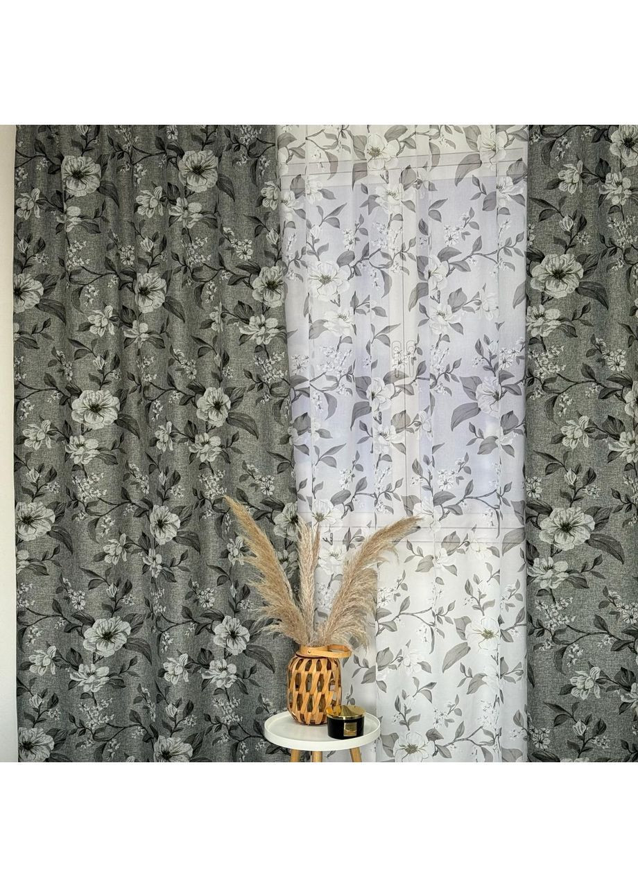 Елегантний комплект: штори (імітація льон) + тюль (батист) сірого кольору з квітковим малюнком. No Brand (370278958)