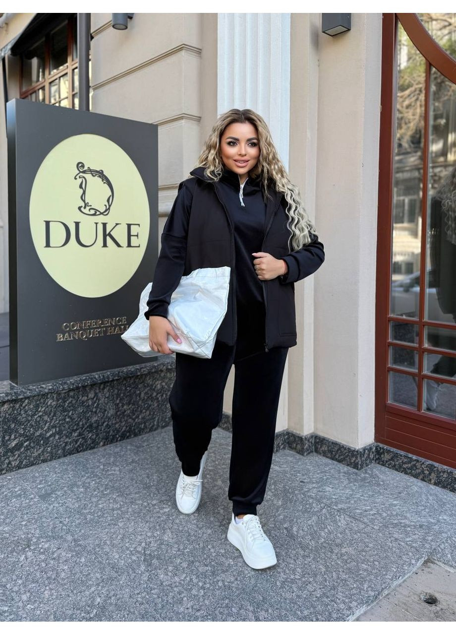 Женский велюровый костюм тройка с жилеткой цвет черный New Trend (364671734)