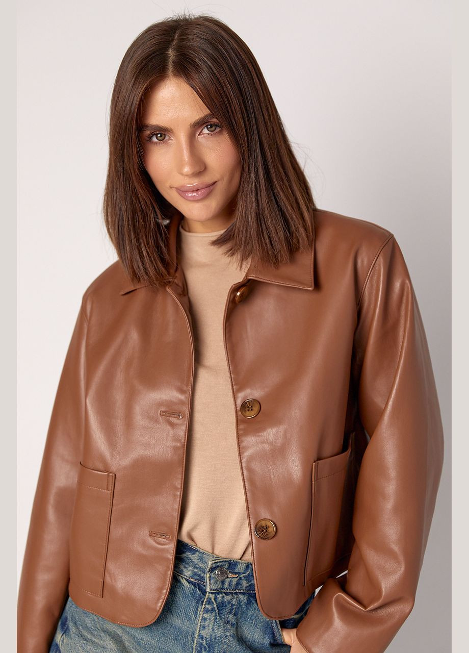 Світло-коричнева демісезонна жіноча куртка-піджак зі шкірозамінника - світло-коричневий Lurex