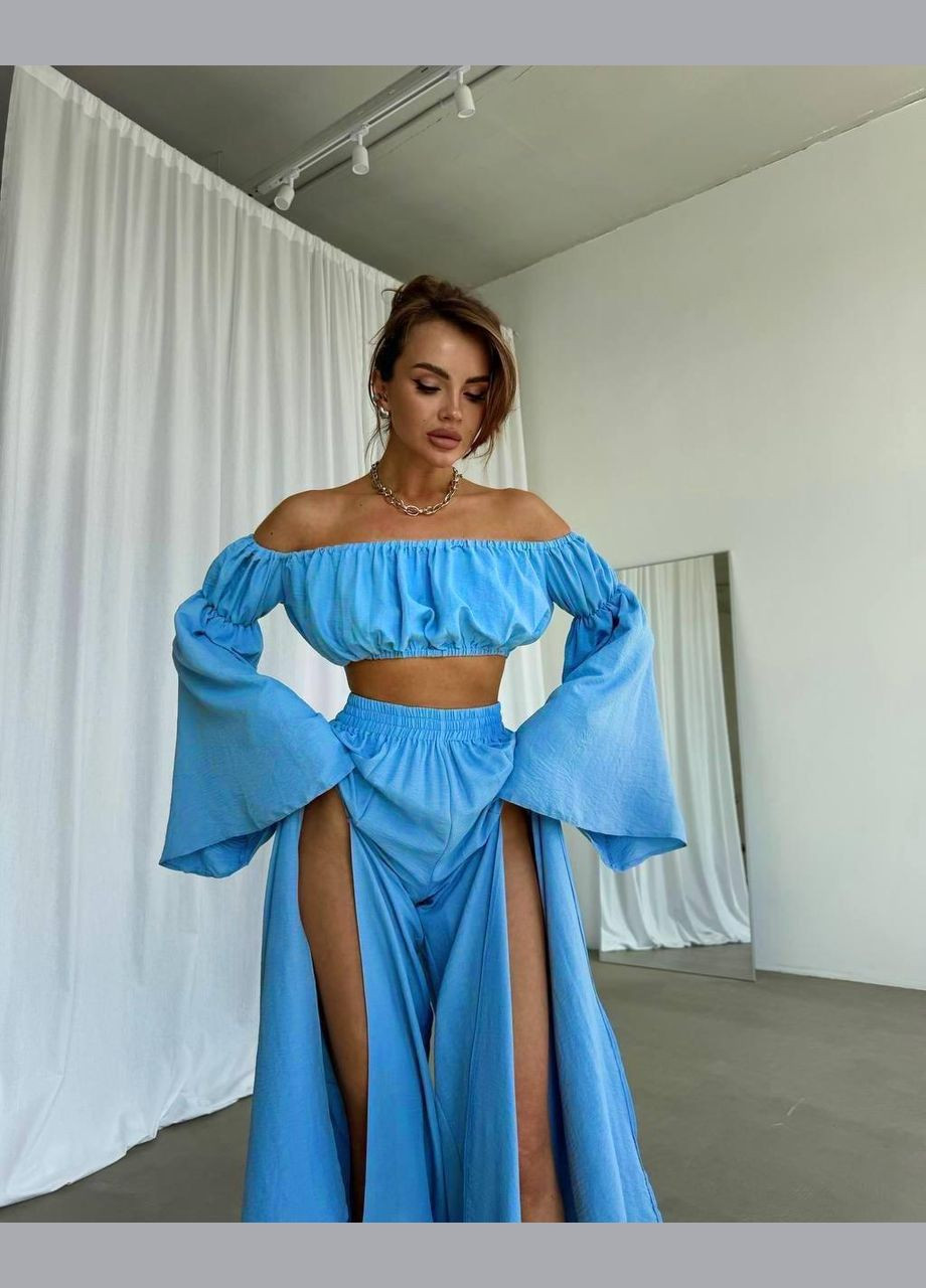 Женский костюм из американского крепа: топ + брюки с разрезами голубой 42–46 No Brand (351903690)