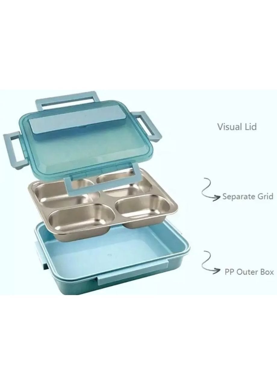 Ланч-бокс із підігрівом їжі за допомогою гарячої води сталева чаша на 4 відсіки 1500мл з підставкою для телефону MA-2000 Blue No Brand (350349130)