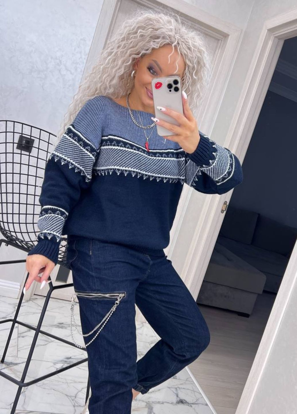 Синий демисезонный вязаный женский свитер джемпер Tik-Tak