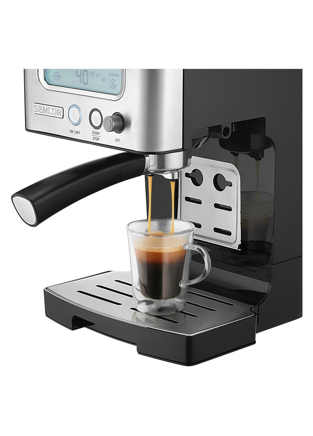 Кофеварка рожковая 1.4л, молотая, автоматический капучинатор, LCD-дисплей, нерж. сталь-черный Sencor (330031606)