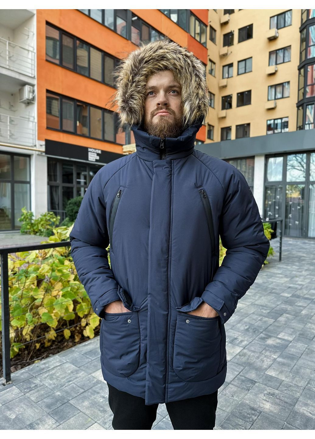 Синяя зимняя парка зимняя европейская плащевка съемный мех No Brand