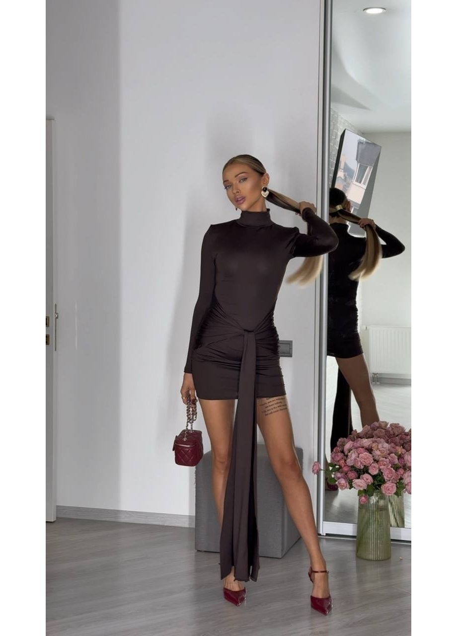 Коричневое вечернее, кэжуал женское мини-платье с длинным рукавом Україна однотонное