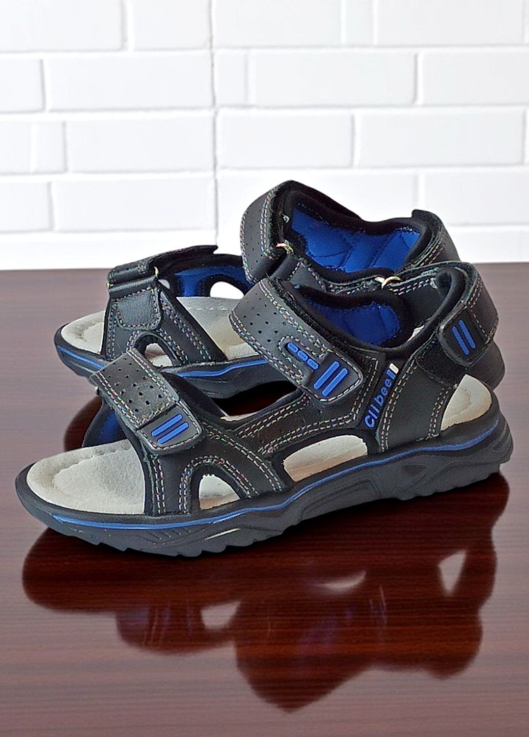 Черные спортивные, повседневные открытыте кожаные босоножки сандалии для мальчика Clibee на липучке