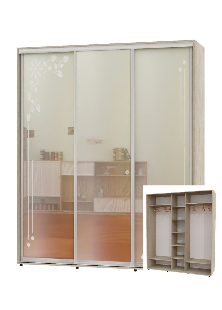 Шафа-купе тридверна 220*60*250 Дуб Шамони світлий 2 Дзеркала з піскострумним малюнком/Дзеркало ШК-04 Алекса (360478708)