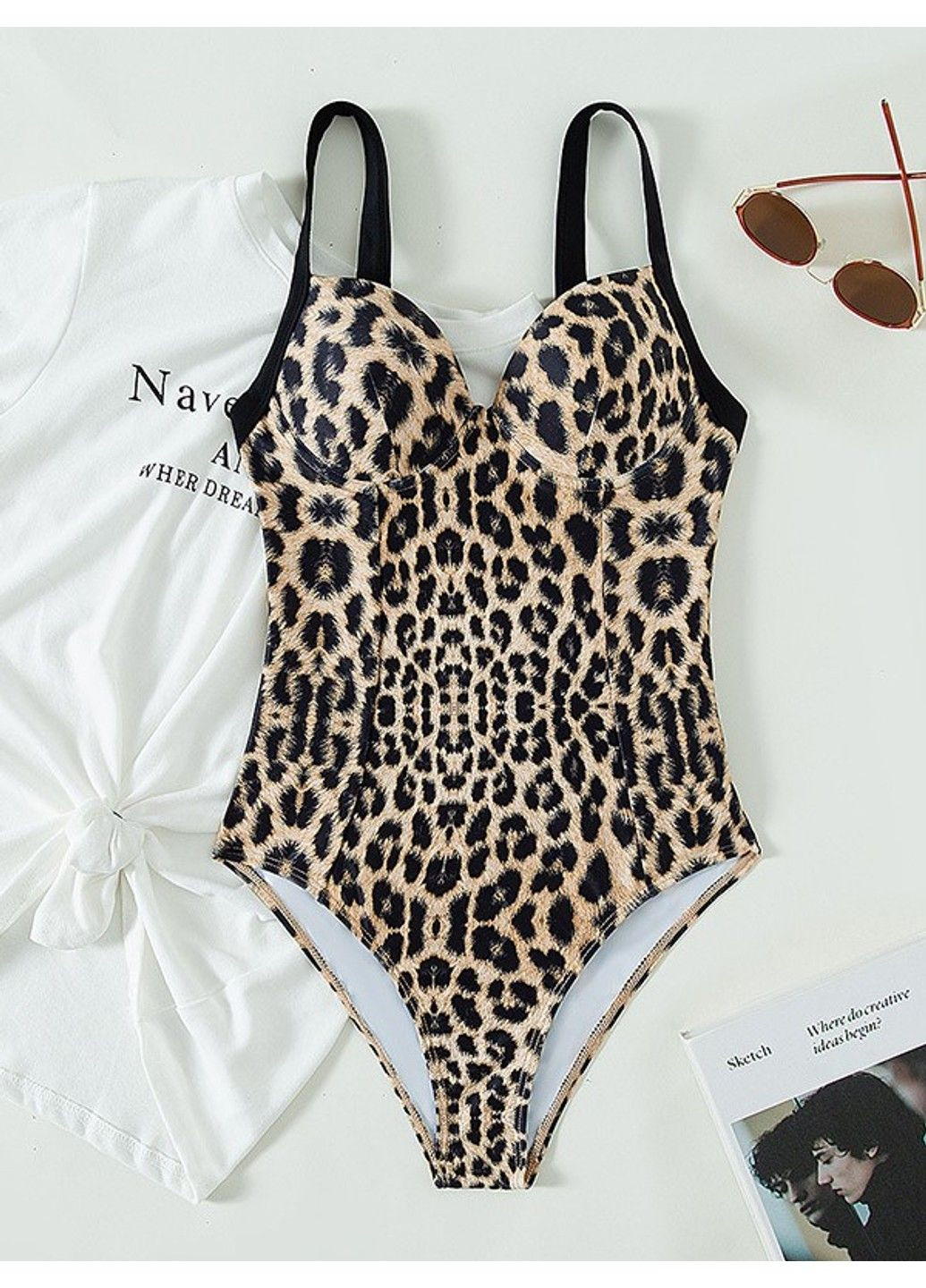 Коричневый купальник сдельный delicate с чашками и леопардовым принотом майо No Brand