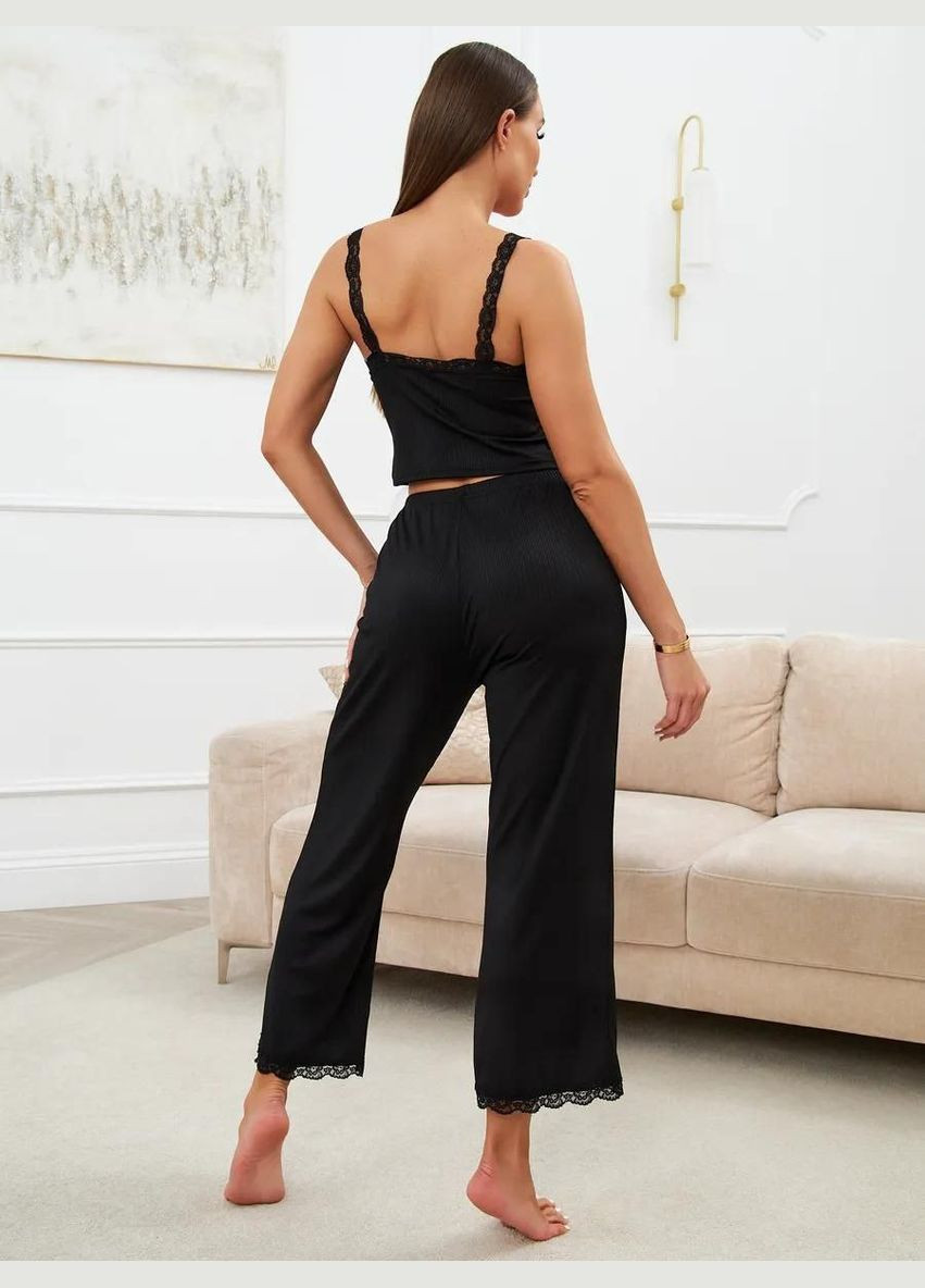 Черная всесезон пижама julia брючная в рубчик набор майка брюки брюки с декором рюши майка + брюки No Brand Піжама в рубчик Julia чорний