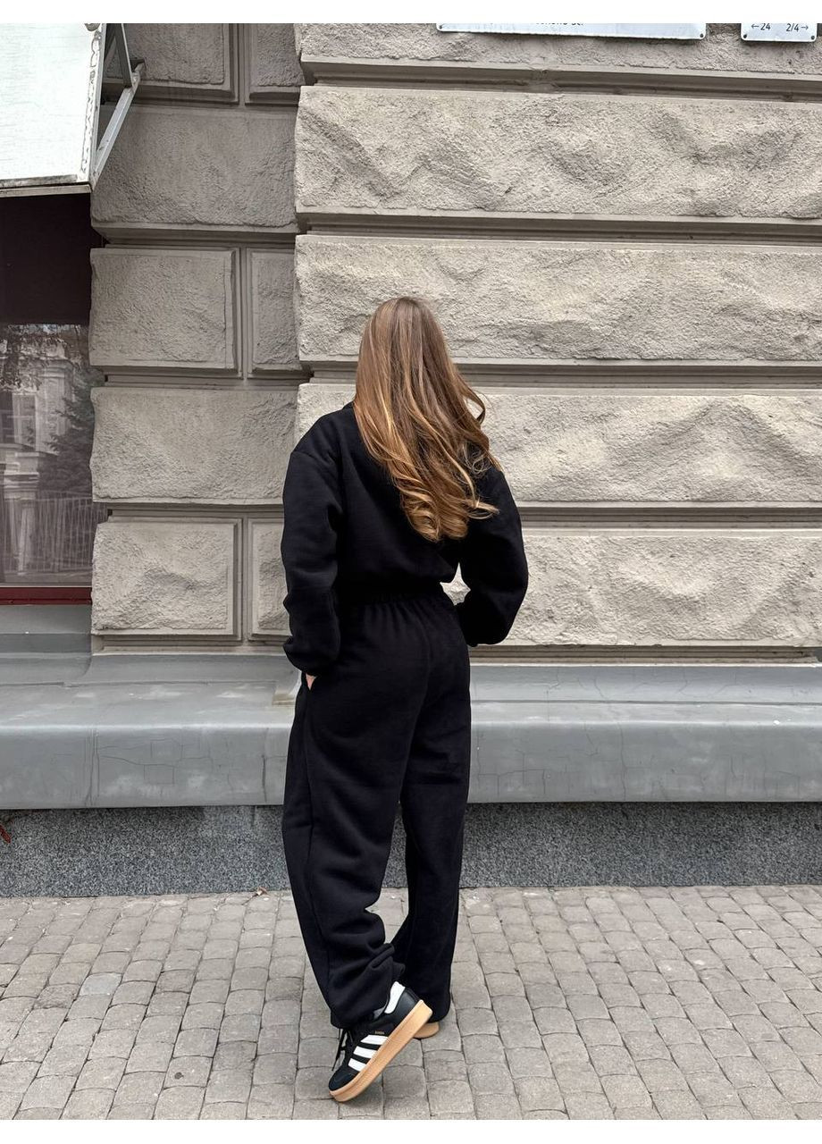 Жіночий флісовий комбінезон оверсайз з коміром-стійкою та блискавкою MonCher комбінезон-брюки чорний спортивний фліс