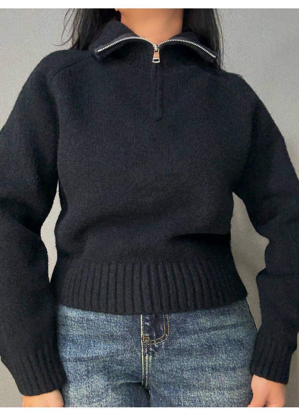 Чорний демісезонний светр жіночий a-n 1780 з коміром на блискавці оверсайз one size No Brand