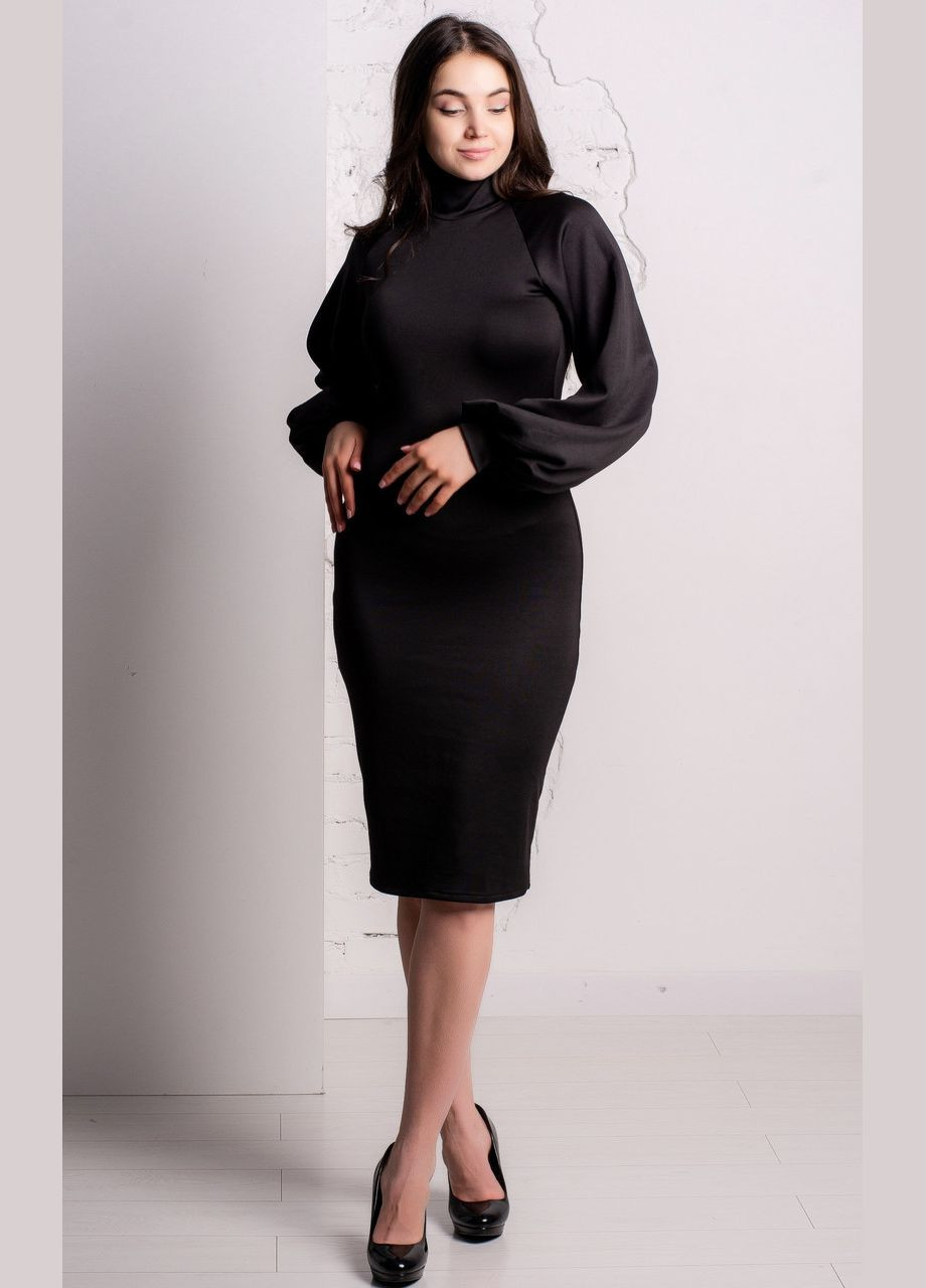 Черное коктейльное элегантное платье-футляр по колено с рукавом реглан. обтягивающее, трикотажное. No Brand однотонное