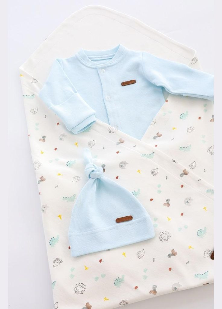 Блакитний дитячий комплект (чоловічок + шапочка + плед) для новонароджених liam блакитний Magbaby