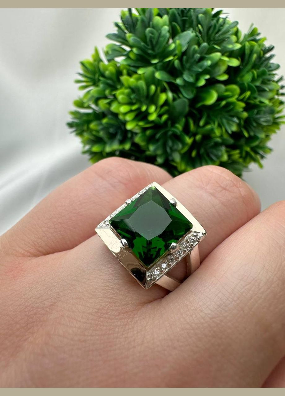 Комплект прикрас срібло з золотом Катрін зелений циркон сережки + каблучка No Brand (329999448)