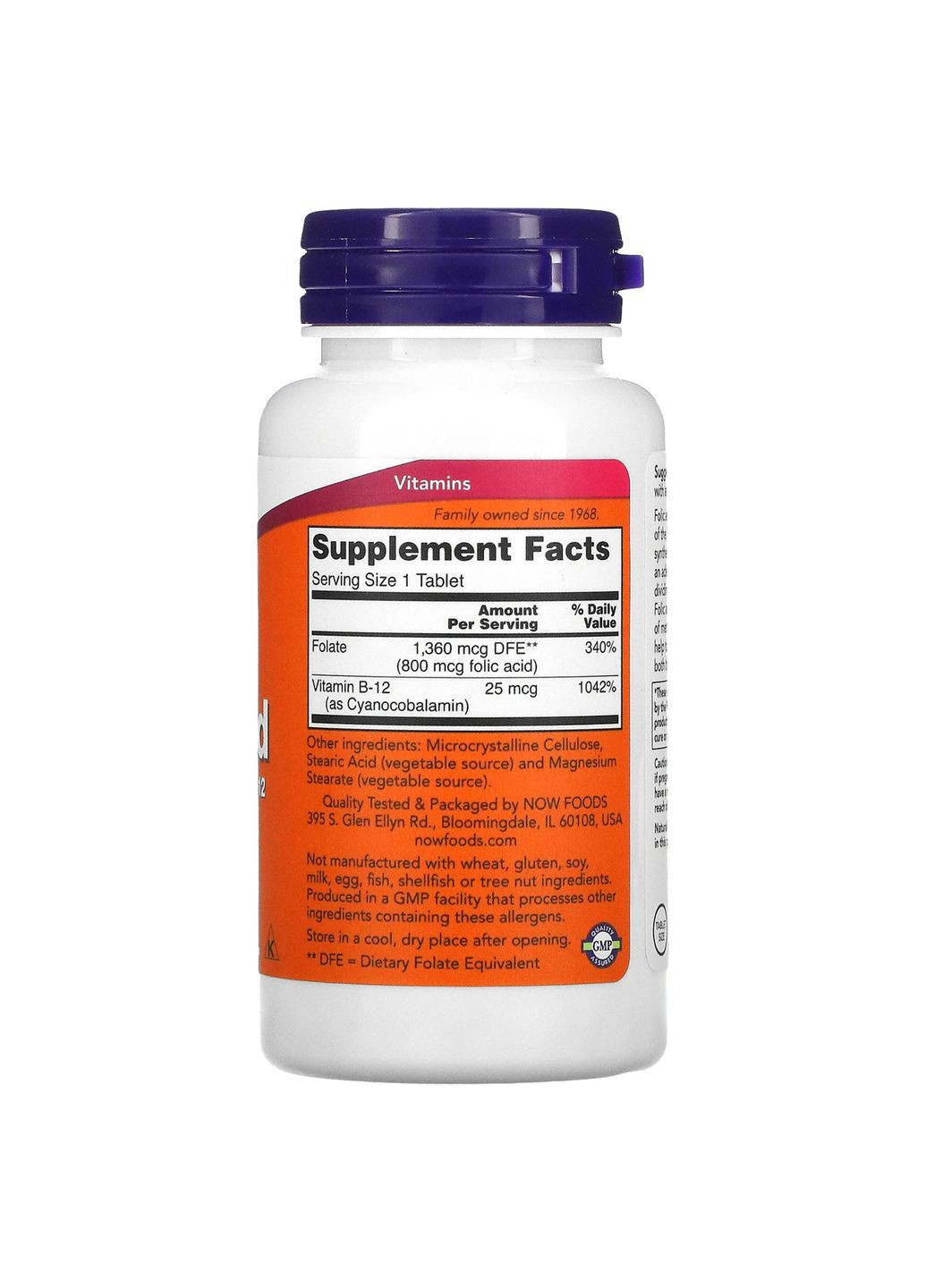 Фолієва кислота 800 мкг з вітаміном Б12 Folic Acid with Vitamin B12 250 таблеток Now Foods (264648117)